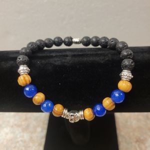 Men's Lava, Blue Saffire, Wooden and Silver Skull Stretch Bracelet